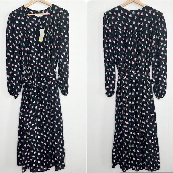 NWT BODEN Boden Gathered Yoke Midi Dress Size 6 Black Floral - Picture 1 of 8
